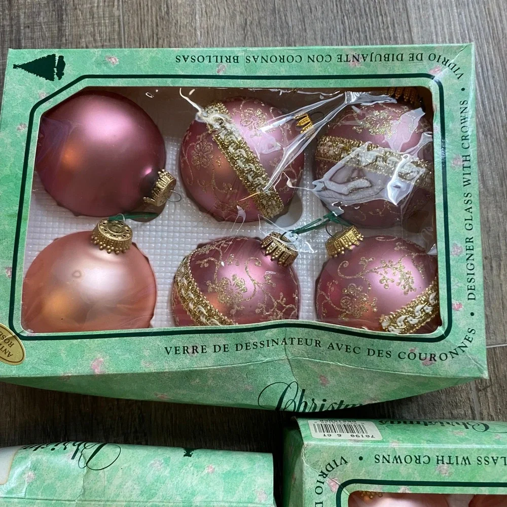 Vintage Christmas by Krebs Pink Rose Pearl Glass Ornaments Set of 16 USA Made